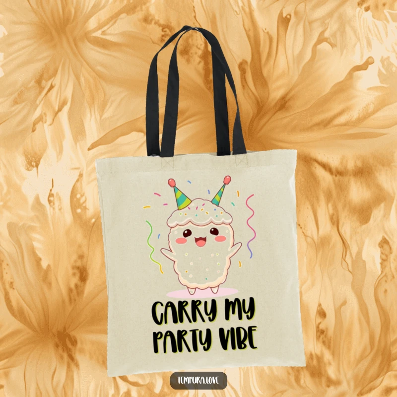 Funny tempura tote bag displaying a happy fried shrimp character covered in tiny festive streamers, ready to carry your goods with cheer.