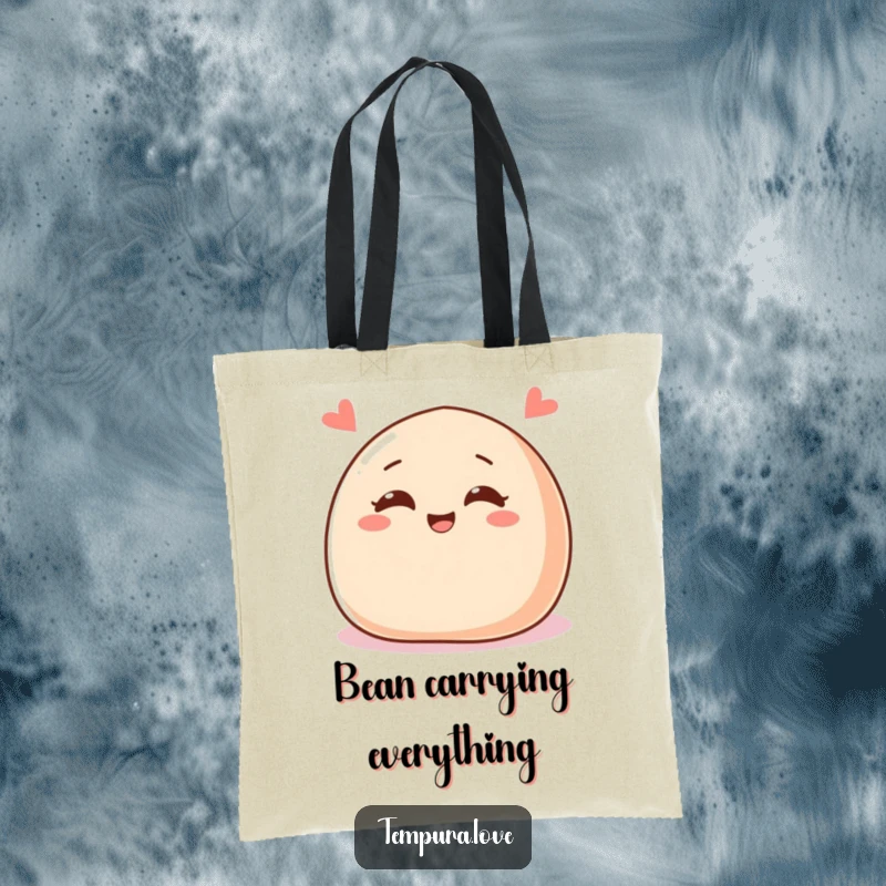 Funny tote bag with a delighted red bean paste bun character, cheerful eyes, winking, perfect for carrying items.