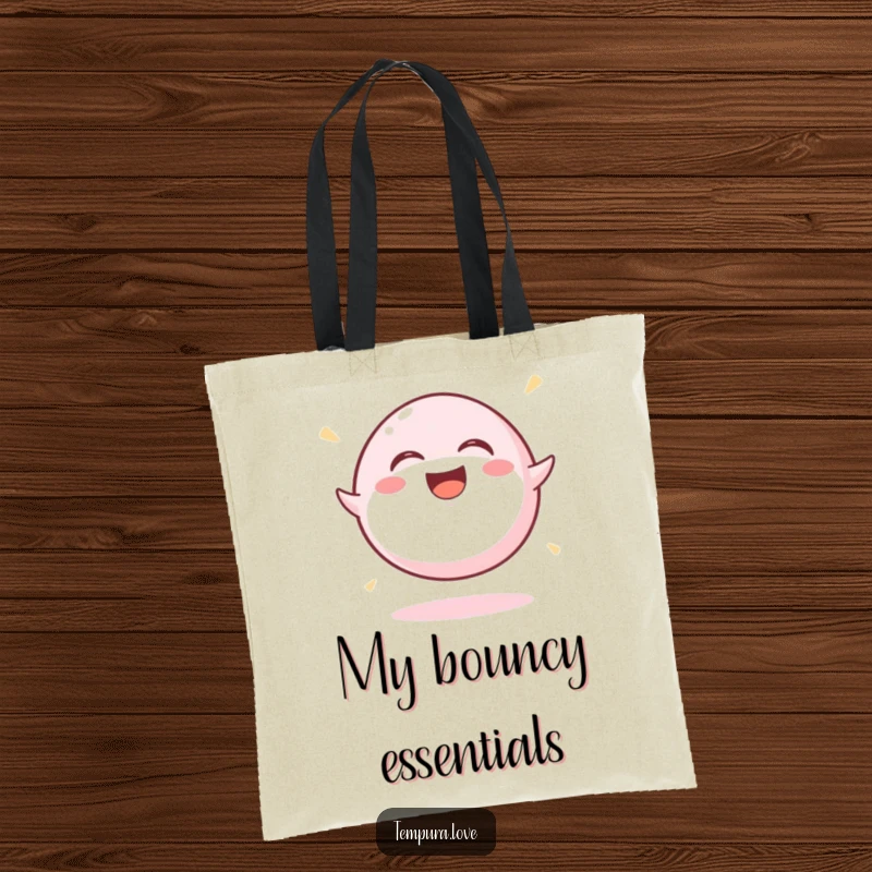 Funny Mochi Ball Tote Bag featuring a round mochi ball gleefully bouncing and laughing, ideal for carrying groceries with a humorous touch.