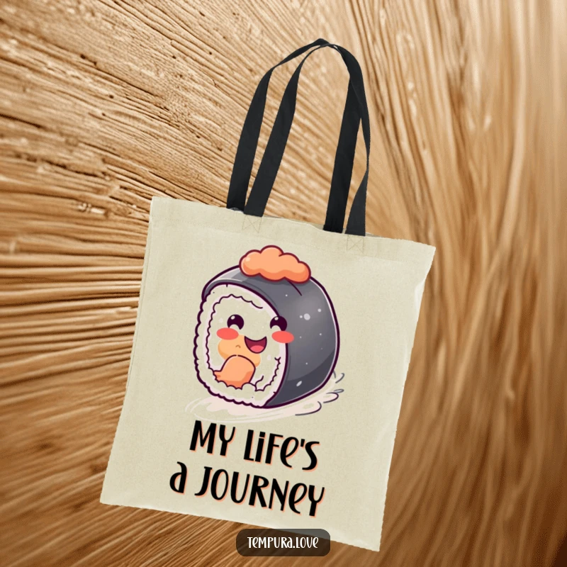 Funny sushi piece with a cheerful grin, rolling downhill, a humorous and spacious tote bag.