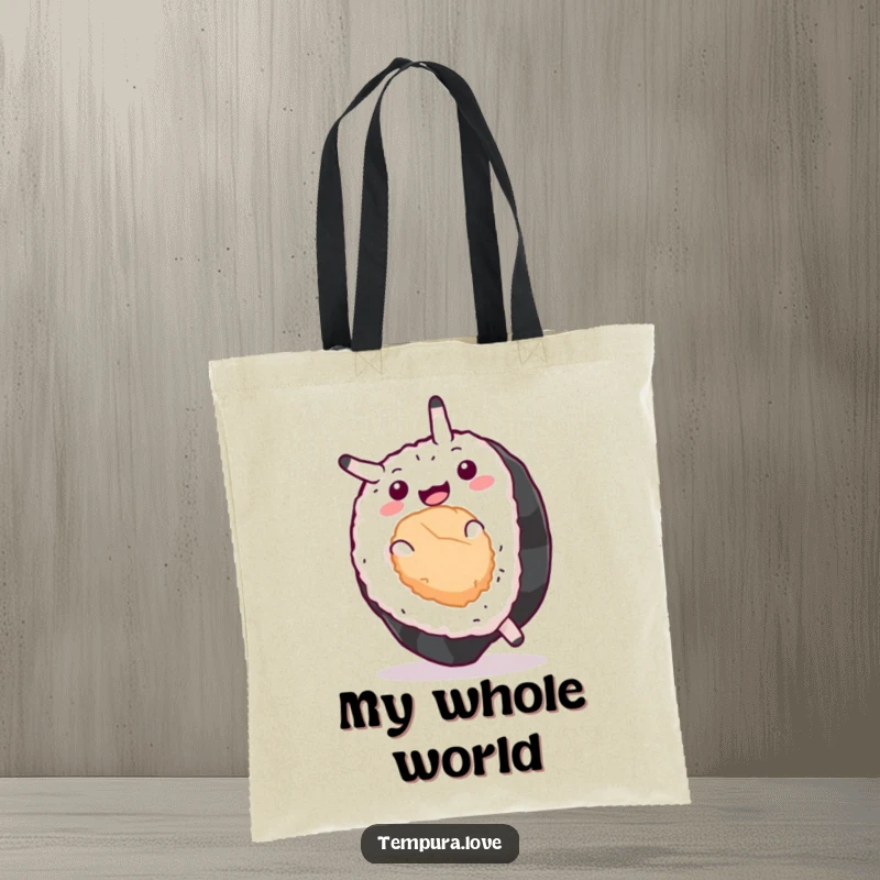 Funny Sushi Tote Bag with a cheerful sushi piece performing a gravity-defying somersault, perfect for carrying groceries with humor.